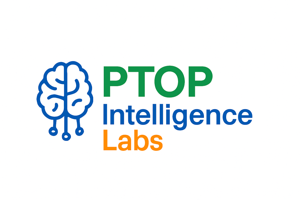 PTOP Intelligence Labs logo with a blue brain icon and the green 'PTOP', blue 'Intelligence', and orange 'Labs' text beside it.